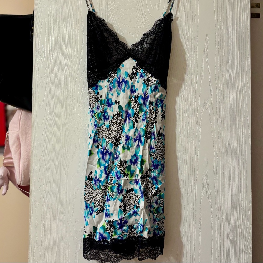 Victoria's Secret Leopard Print & Floral Black Lace Y2K Silk Dress Size M